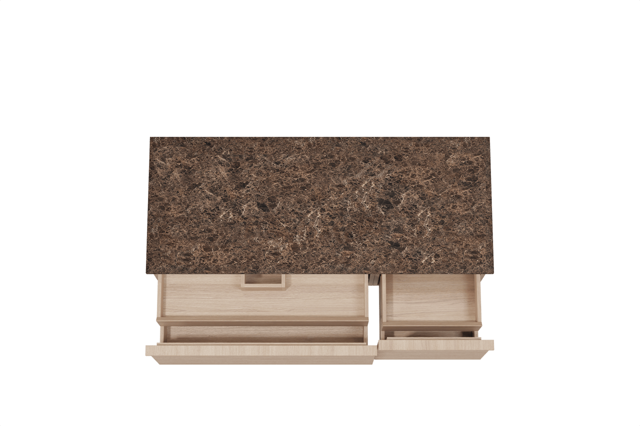 Balmani Forma hängendes Möbelstück Set: 135 x 55 cm, Naturbelassene Eiche, mit Stretto Einzel- oder Doppel Waschtischplatte, Marmor, Dark Emperador, Horizontale symmetrische gerade Rippe