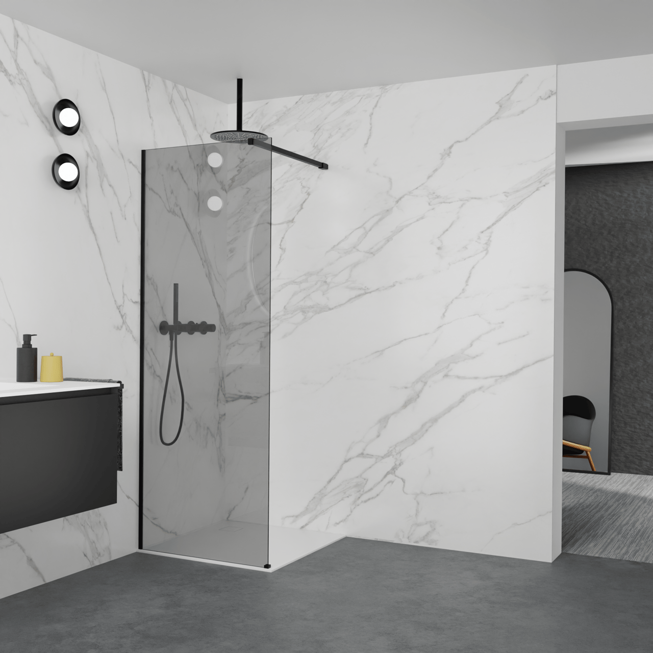 Balmani Modular Walk-In Dusche: 80 x 200 cm, Rauchglas, Profil Schwarz matt