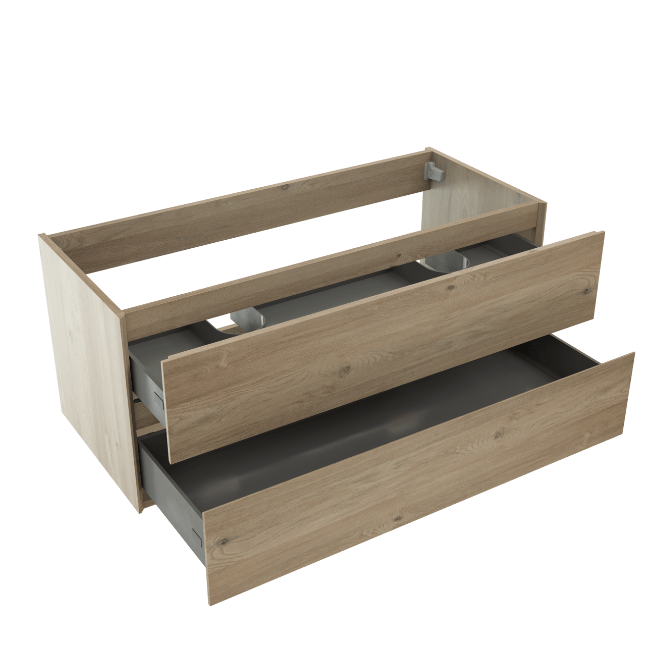 Storke Edge hängender Waschbeckenunterschrank: 120 x 52 cm, Eiche rustikal, 2 Schubladen, 2 Siphonaussparungen