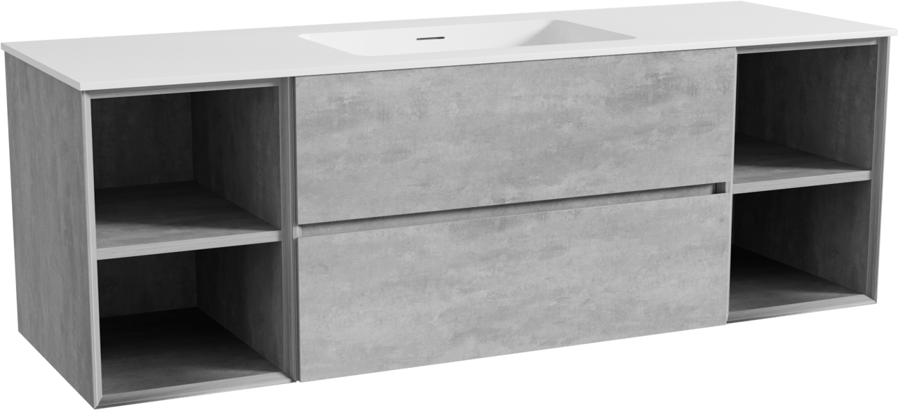 Storke Edge hängendes Möbelstück Set: 155 x 52 cm, Beton dunkelgrau, mit Mata Einzelwaschtisch, Solid Surface Weiß matt