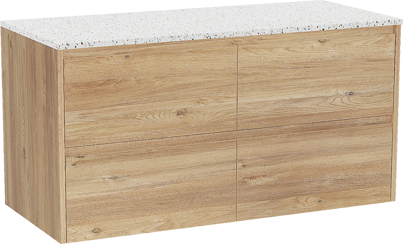 Storke Seda zwevend badmeubel 120 x 52 cm ruw eiken met Tavola enkel of dubbel wastafelblad in mat wit/zwart terrazzo