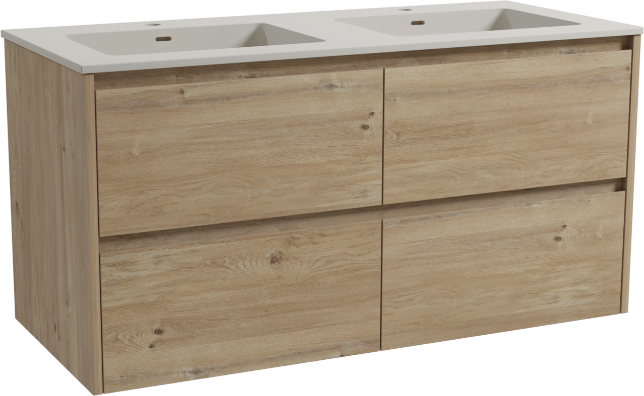 Storke Seda meuble salle de bains suspendu 120 x 52 cm chêne brut avec Diva double vasque en top solid soie grise