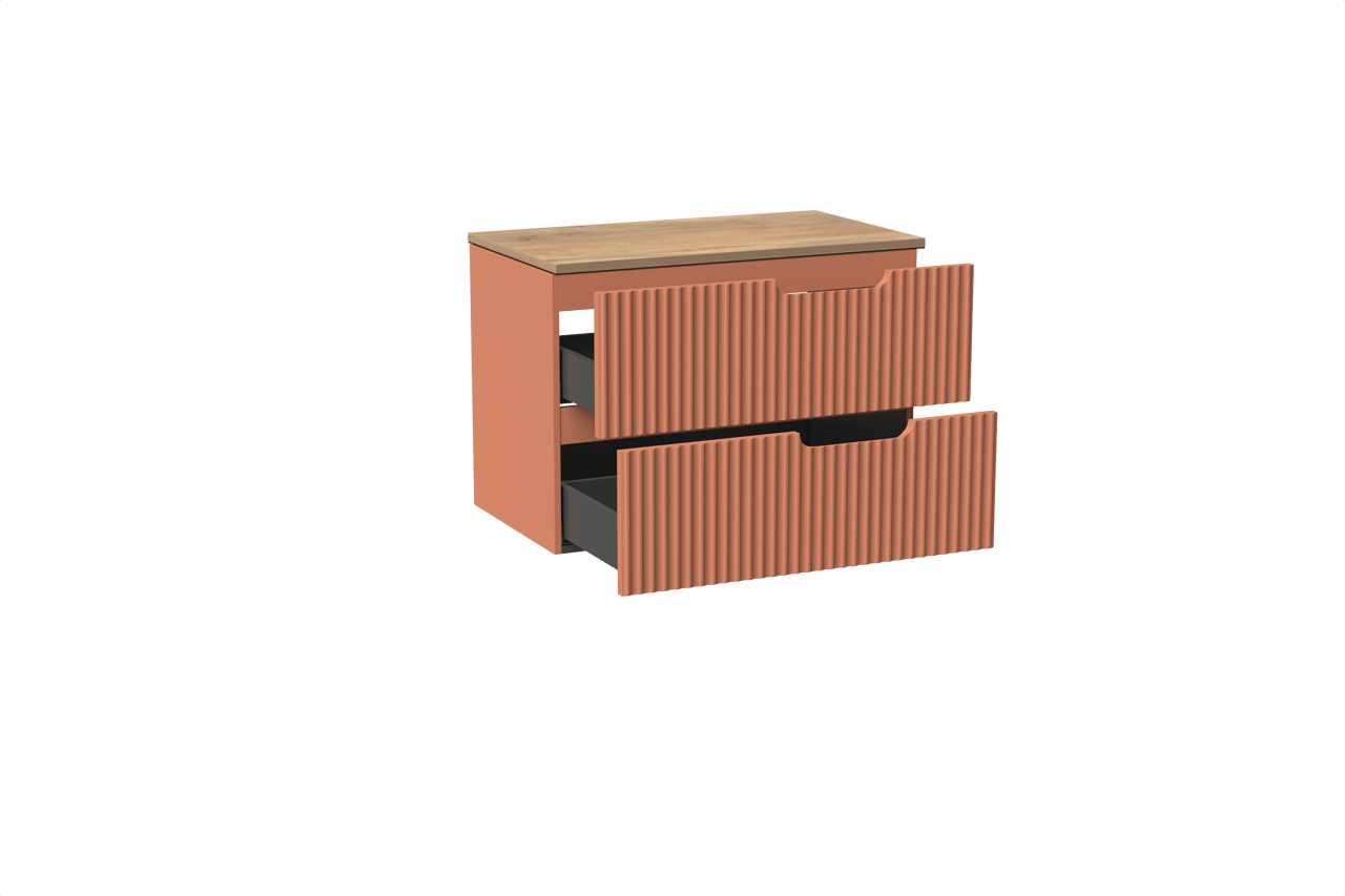 Linie Ribbo meuble salle de bains suspendu 80 x 46 cm cotto avec Lado tablette simple en mélaminé chêne naturel, Nervure circulaire symétrique verticale