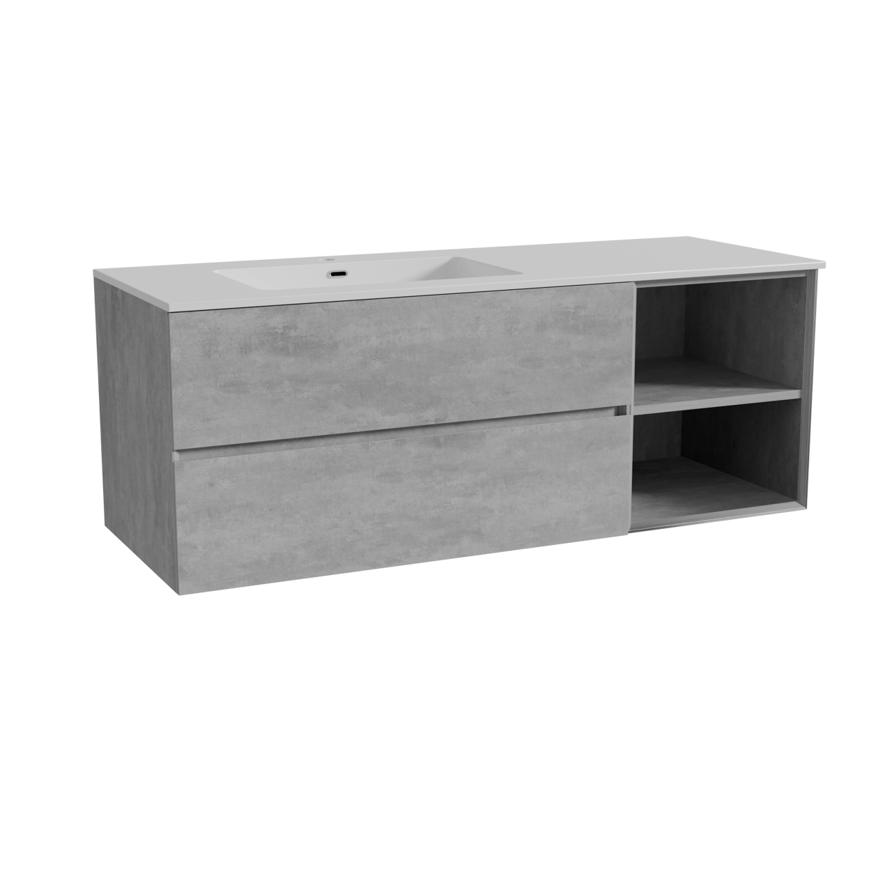 Storke Edge meuble salle de bains suspendu 140 x 52 cm béton gris foncé avec Diva plan vasque asymétrique à gauche en marbre composite blanc brillant