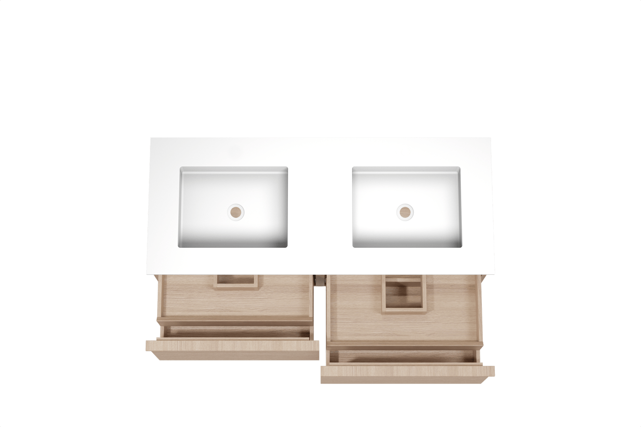 Balmani Forma meuble salle de bains suspendu 135 x 55 cm chêne naturel avec Tablo Stretto double vasque en solid surface blanc mat, Nervure droite symétrique horizontale