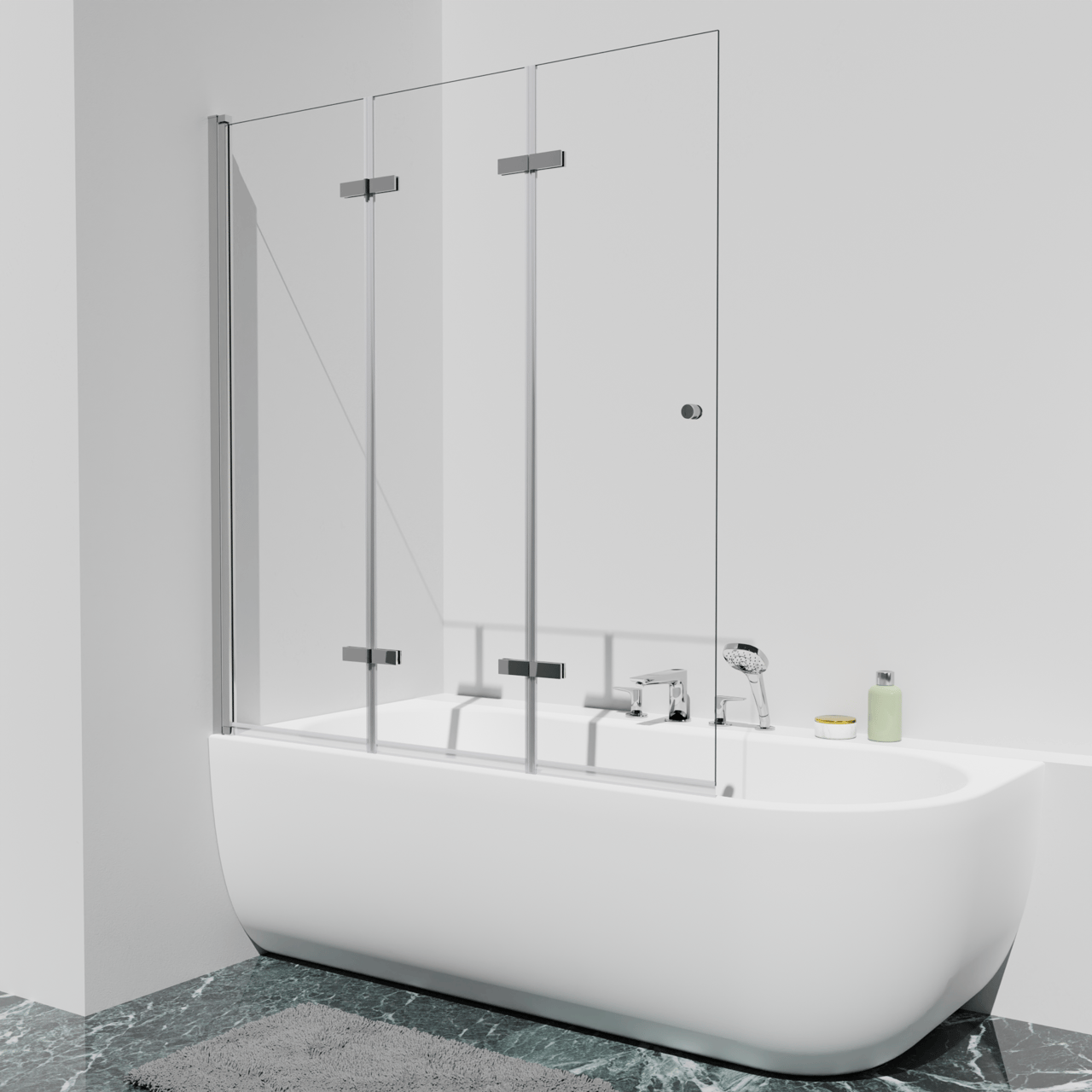 Luca Varess Kuresa dreiteilige zusammenklappbare Badewannenabtrennung 140 cm, Klarglas, Chrom Profil