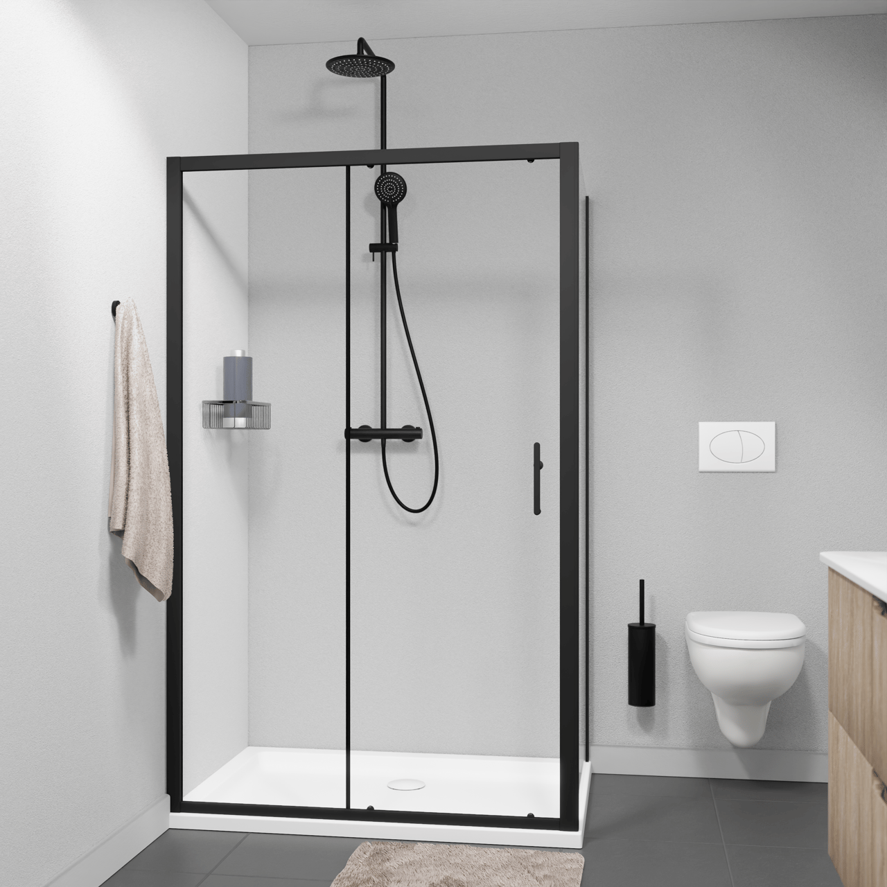 Linie Cadiz douchehoek met schuifdeur en vaste zijwand, 120 x 80 cm, helder glas, zwarte profielen