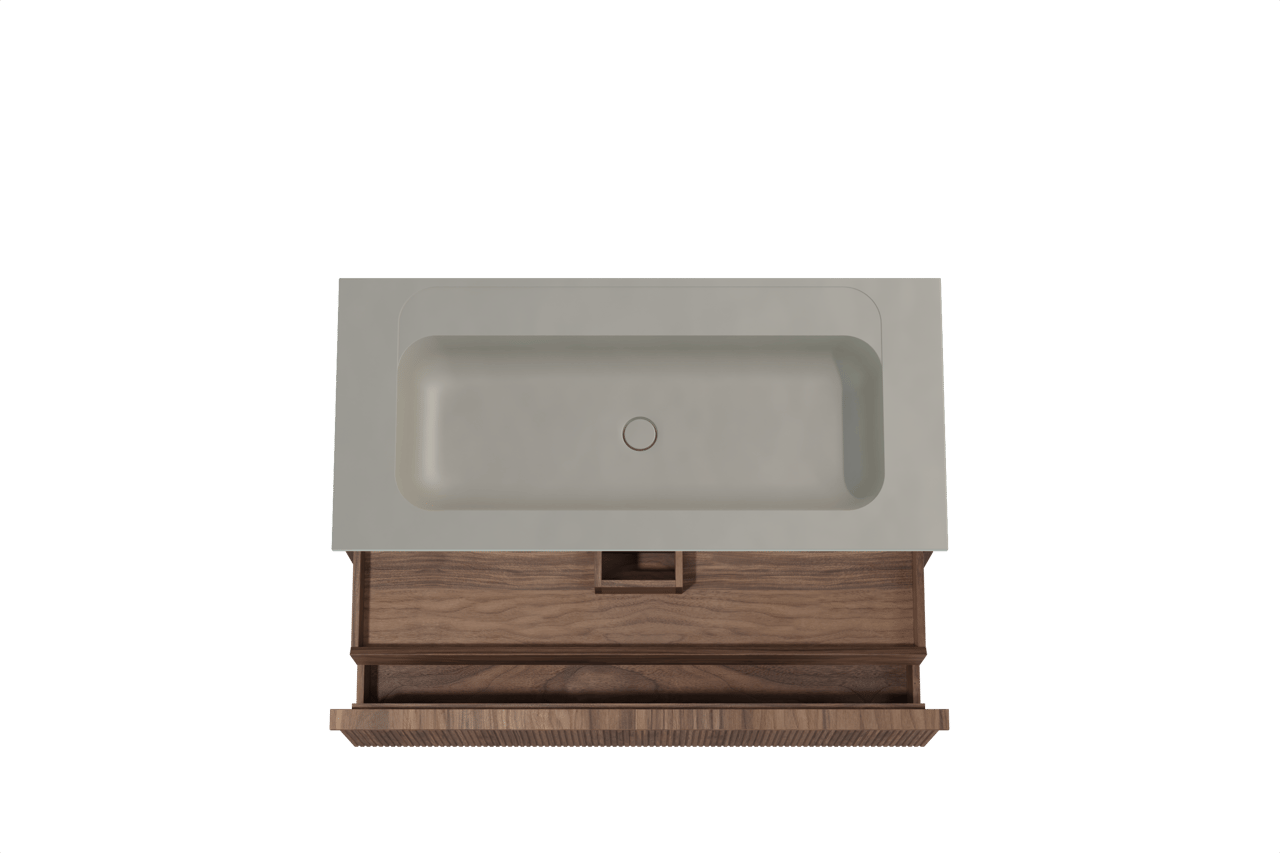 Balmani Forma zwevend badmeubel 120 x 55 cm amerikaans notenhout met Tablo Strada enkele wastafel voor 2 kraangaten in composietmarmer zijdegrijs, Verticale symmetrische rechte ribbel
