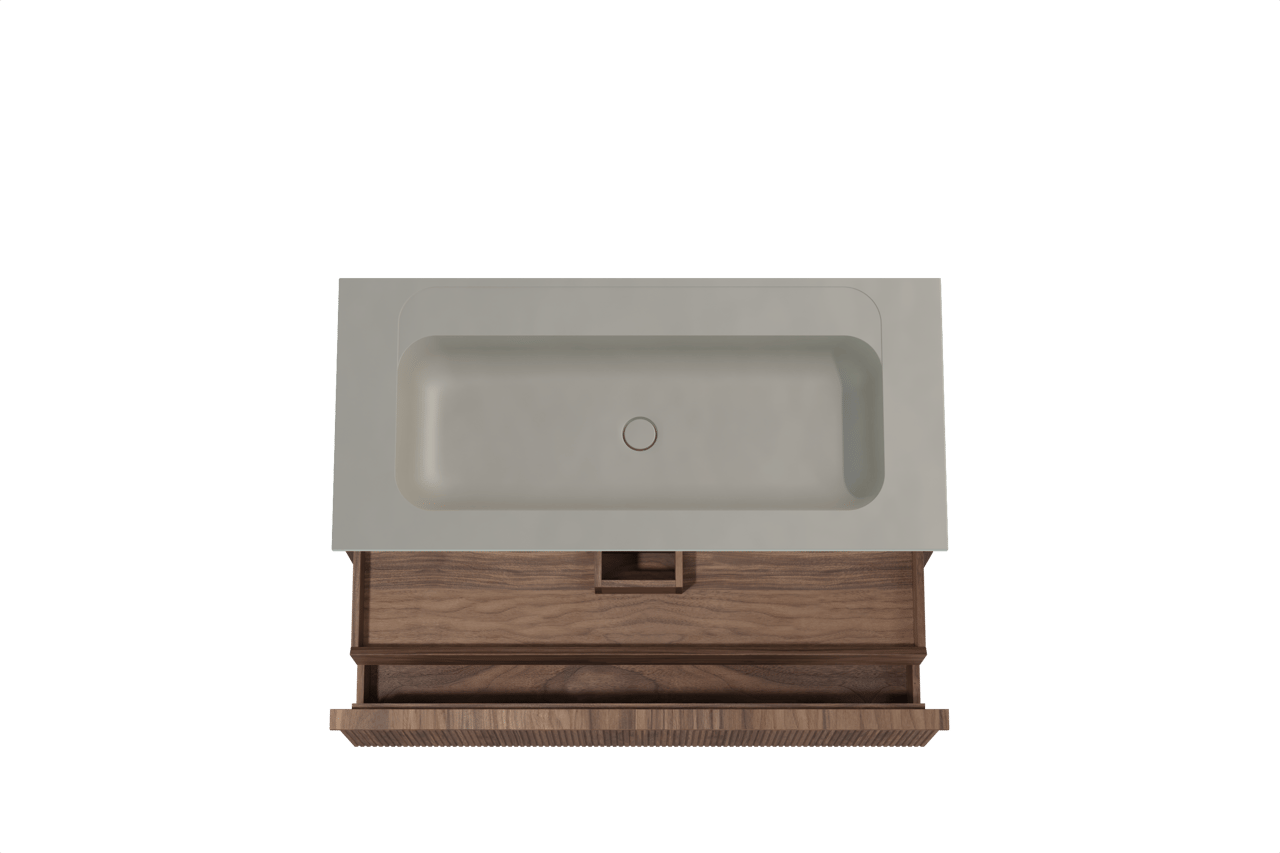 Balmani Forma hängendes Möbelstück Set: 120 x 55 cm, Amerikanischer Nussbaum, mit Tablo Strada Einzelwaschtisch für 2 Armaturenlöcher, Marmorkomposit, Seidengrau, Vertikale symmetrische gerade Rippe