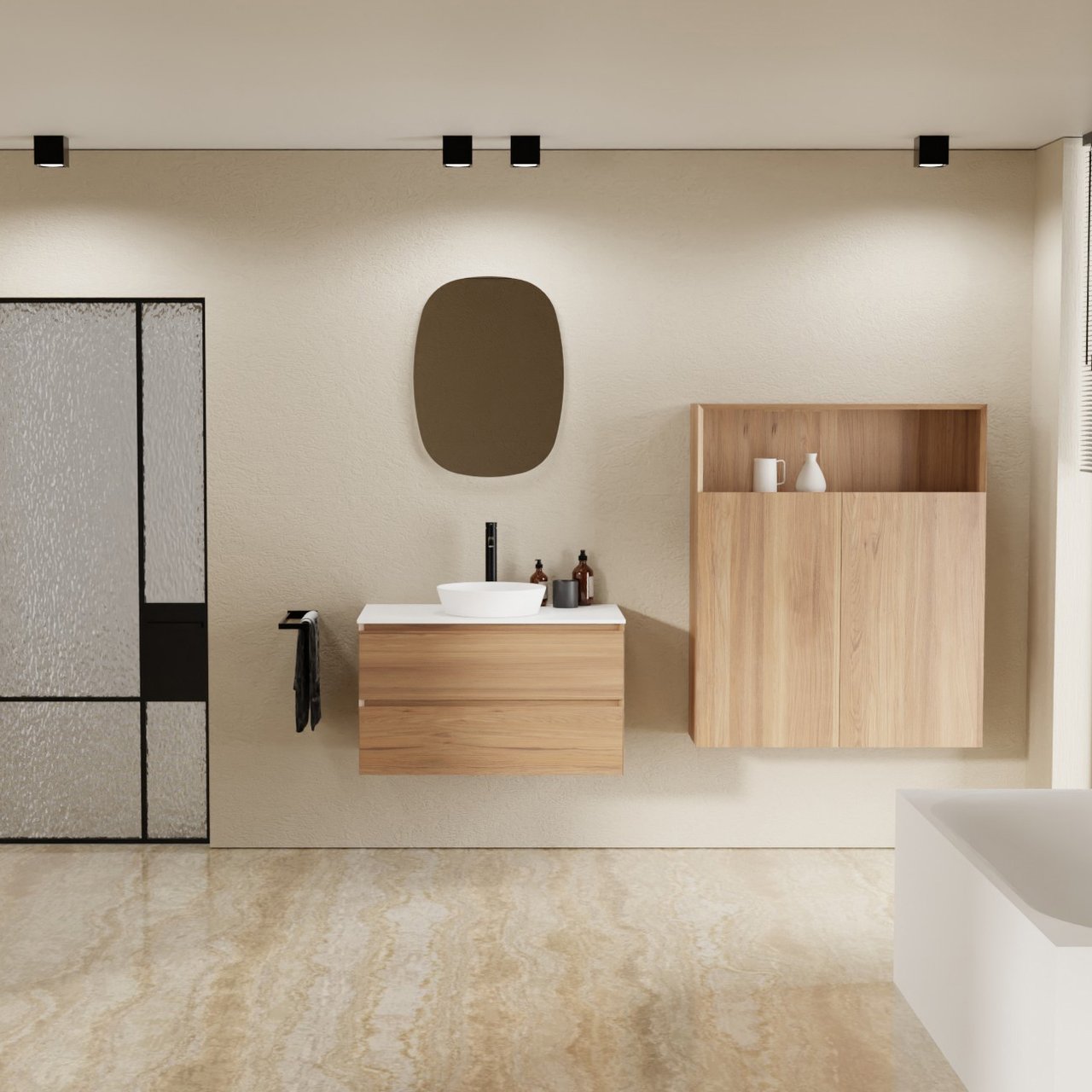 Balmani Mitra zwevend badkamermeubel 90 x 55 cm teak met Stretto enkel tablet in solid surface mat wit