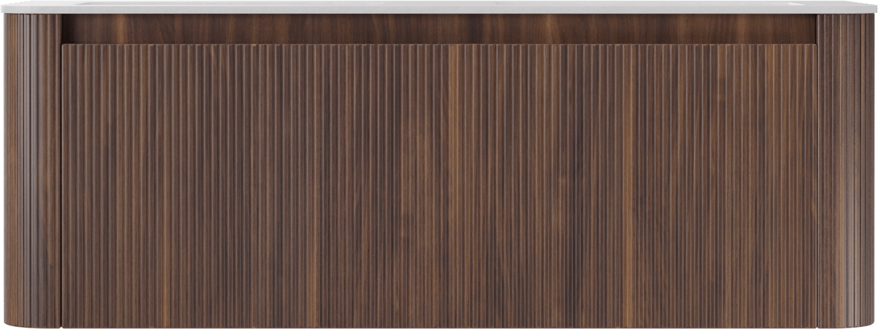 Storke Soft zwevend badmeubel 140 x 46 cm notenhout met Mata Soft dubbele wastafel in solid surface mat wit, Verticale symmetrische rechte ribbel