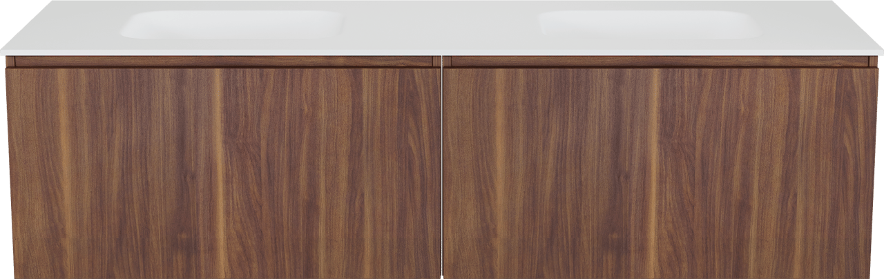 Balmani Sfera hängendes Möbelstück Set: 180 x 55 cm, Amerikanischer Nussbaum, mit Tablo Arcato Doppelwaschtisch, Solid Surface Weiß matt