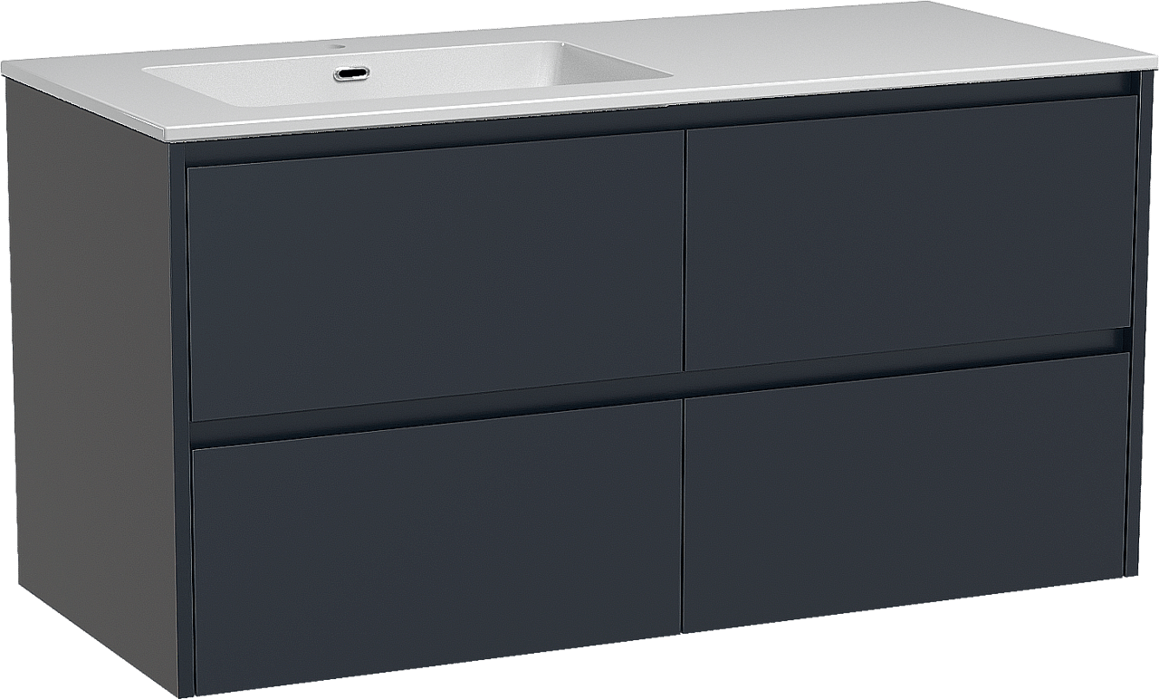 Storke Seda zwevend badkamermeubel 120 x 52 cm nachtblauw met Diva asymmetrisch linkse wastafel in composietmarmer glanzend wit