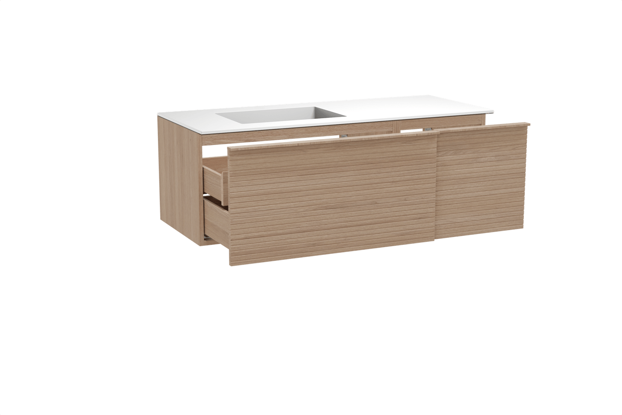 Balmani Forma hängendes Möbelstück Set: 135 x 55 cm, Naturbelassene Eiche, mit Tablo Stretto Waschtisch links, Solid Surface, Weiß matt, Horizontale symmetrische gerade Rippe