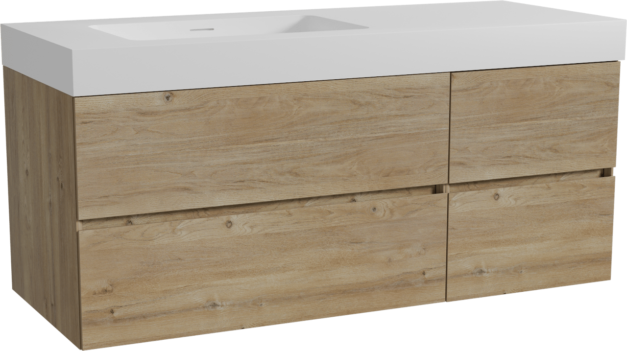 Storke Edge hängendes Möbelstück Set: 130 x 52 cm, Rohe Eiche, mit Mata High Waschtisch links, Solid Surface Weiß matt