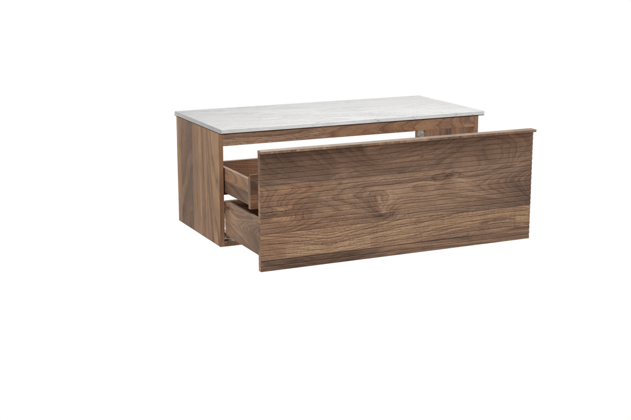 Balmani Forma zwevend badmeubel 120 x 55 cm amerikaans notenhout met Stretto enkel of dubbel wastafelblad in marmer carrara, Horizontale symmetrische rechte ribbel