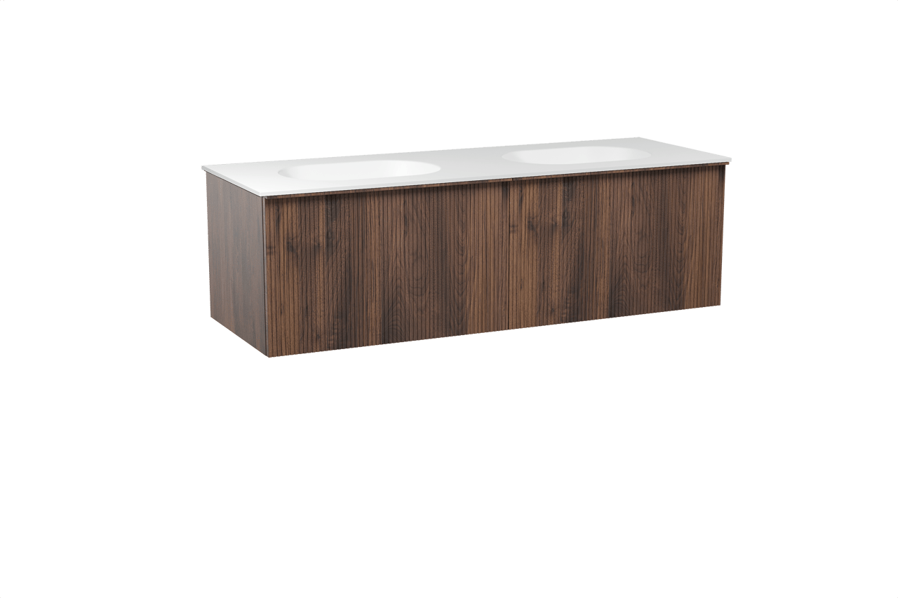 Balmani Forma zwevend badmeubel 150 x 55 cm amerikaans notenhout met Tablo Oval dubbele wastafel in solid surface mat wit, Verticale symmetrische rechte ribbel