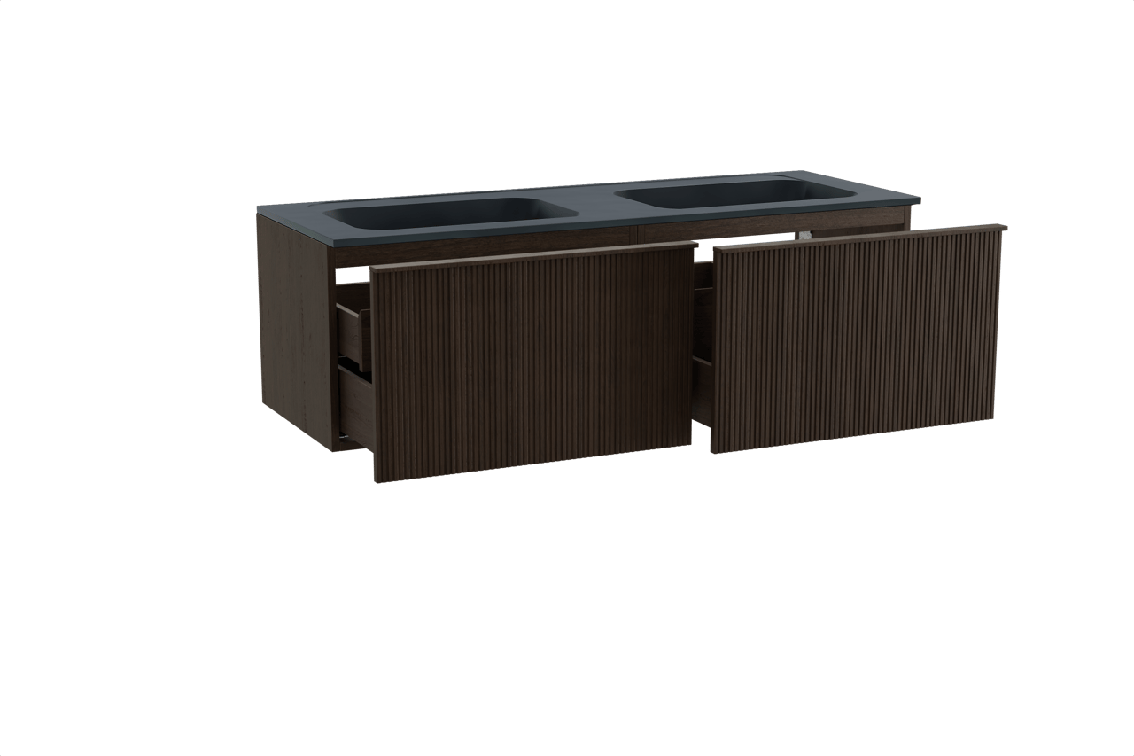 Balmani Forma zwevend badkamermeubel 150 x 55 cm gerookte eik met Tablo Strada dubbele wastafel in composietmarmer mat zwart, Verticale symmetrische rechte ribbel