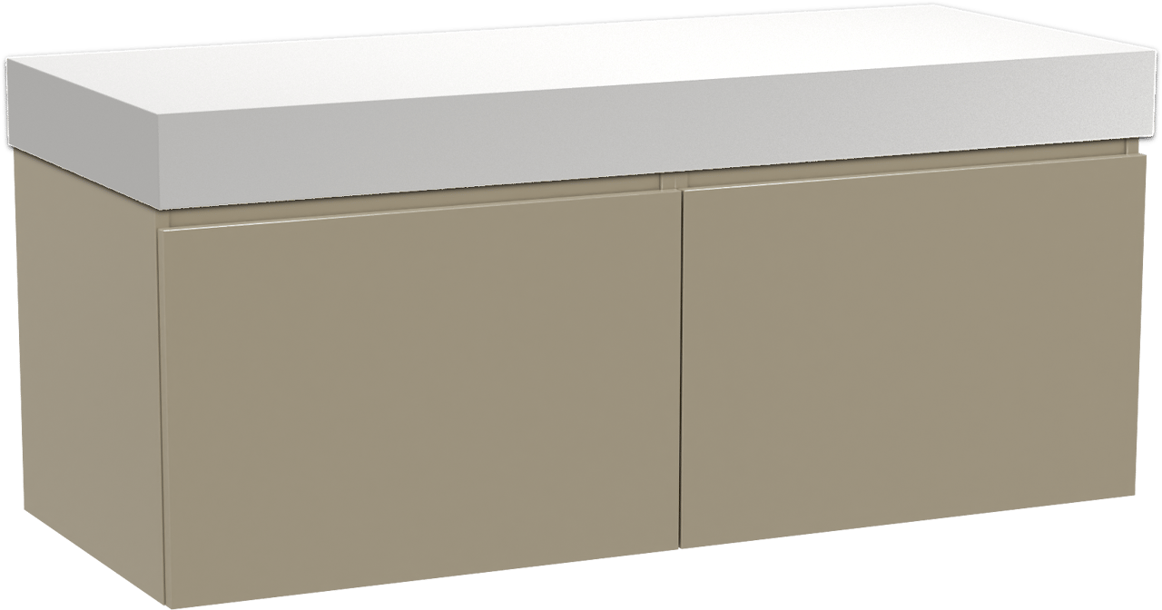 Balmani Sfera hängendes Möbelstück Set: 135 x 55 cm, Dune, mit Dominus Einzel- oder Doppel Waschtischplatte, Solid Surface Weiß matt