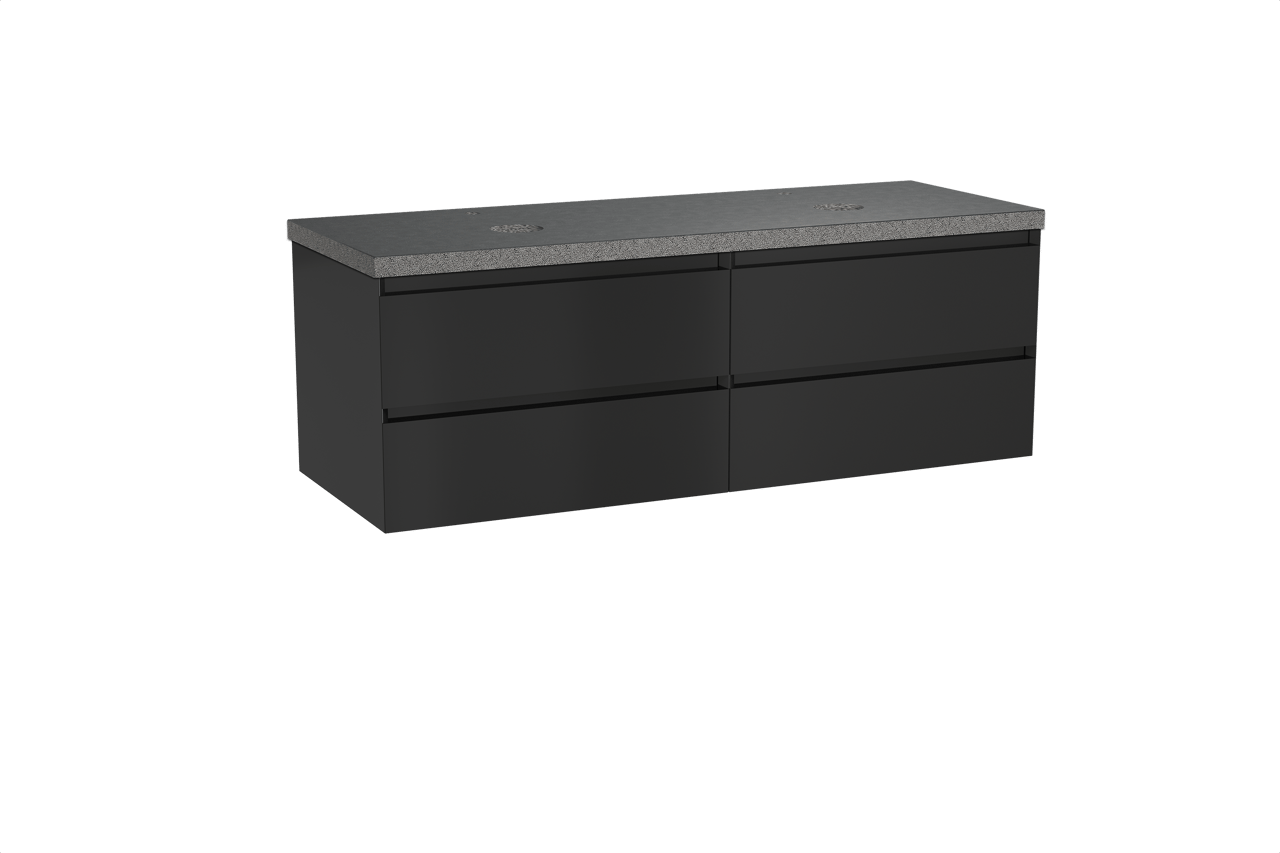 Balmani Mitra hängendes Möbelstück Set: 150 x 55 cm, Schwarz matt, mit Rock Doppel Waschtischplatte, Schwarzes Granit