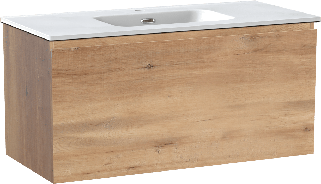 Linie Lado hängendes Möbelstück Set: 100 x 46 cm, Naturbelassene Eiche, mit Baro Einzelwaschtisch, Porzellan Weiß matt