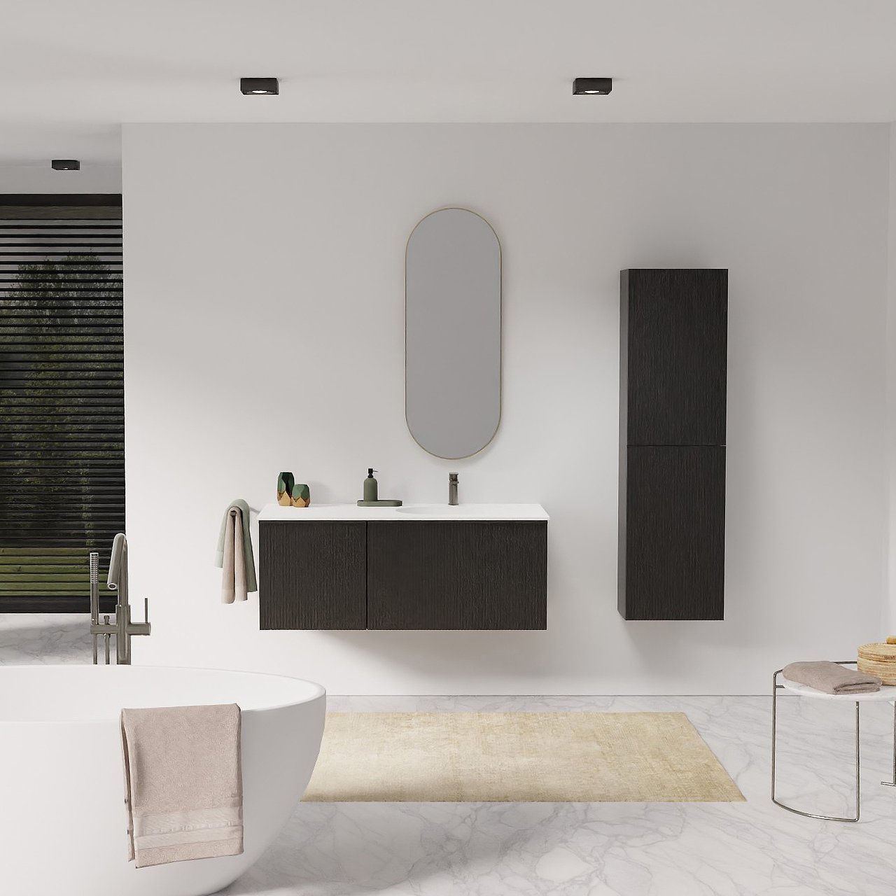 Balmani Forma hängendes Möbelstück Set: 120 x 55 cm, Schwarze Eiche, mit Tablo Arcato Waschtisch rechts, Solid Surface, Weiß matt, Vertikale symmetrische gerade Rippe