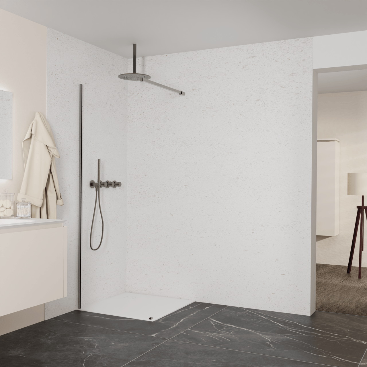 Balmani Modular Walk-In Dusche: 80 x 200 cm, Klarglas, inklusive Coating, Profil Brushed GunMetal
