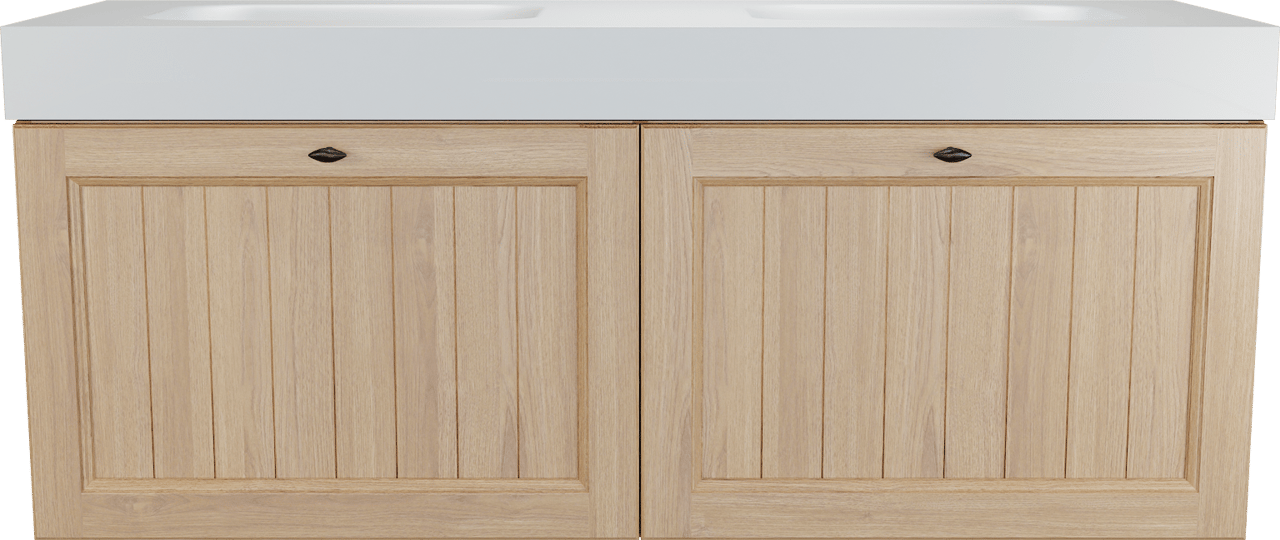 Balmani Lemon zwevend badkamermeubel 150 x 55 cm, fineer natuur eik met Arcato dubbele wastafel in mat wit