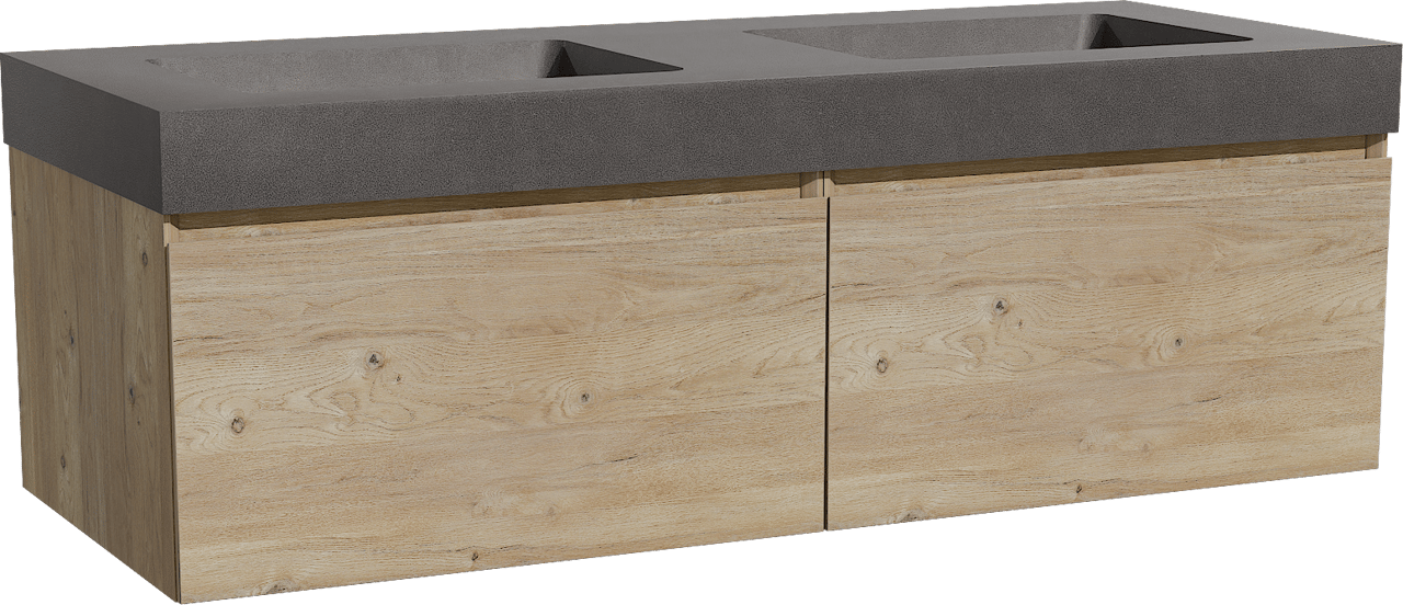 Storke Edge zwevend badkamermeubel 130 x 52 cm ruwe eik met Scuro High dubbele wastafel in kwarts mat zwart