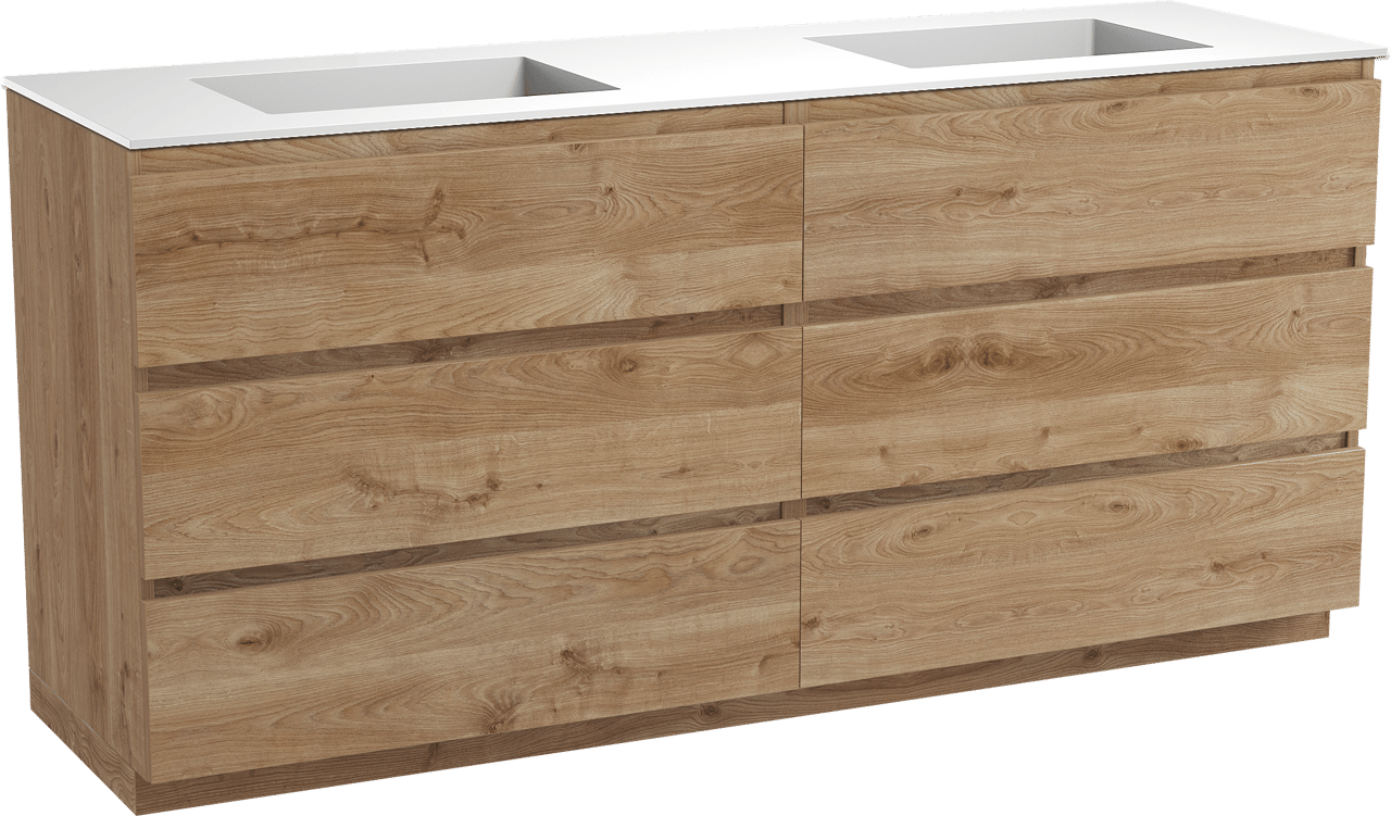 Balmani Lucida staand badmeubel 180 x 55 cm ruw eiken met Tablo Stretto dubbele wastafel in solid surface mat wit