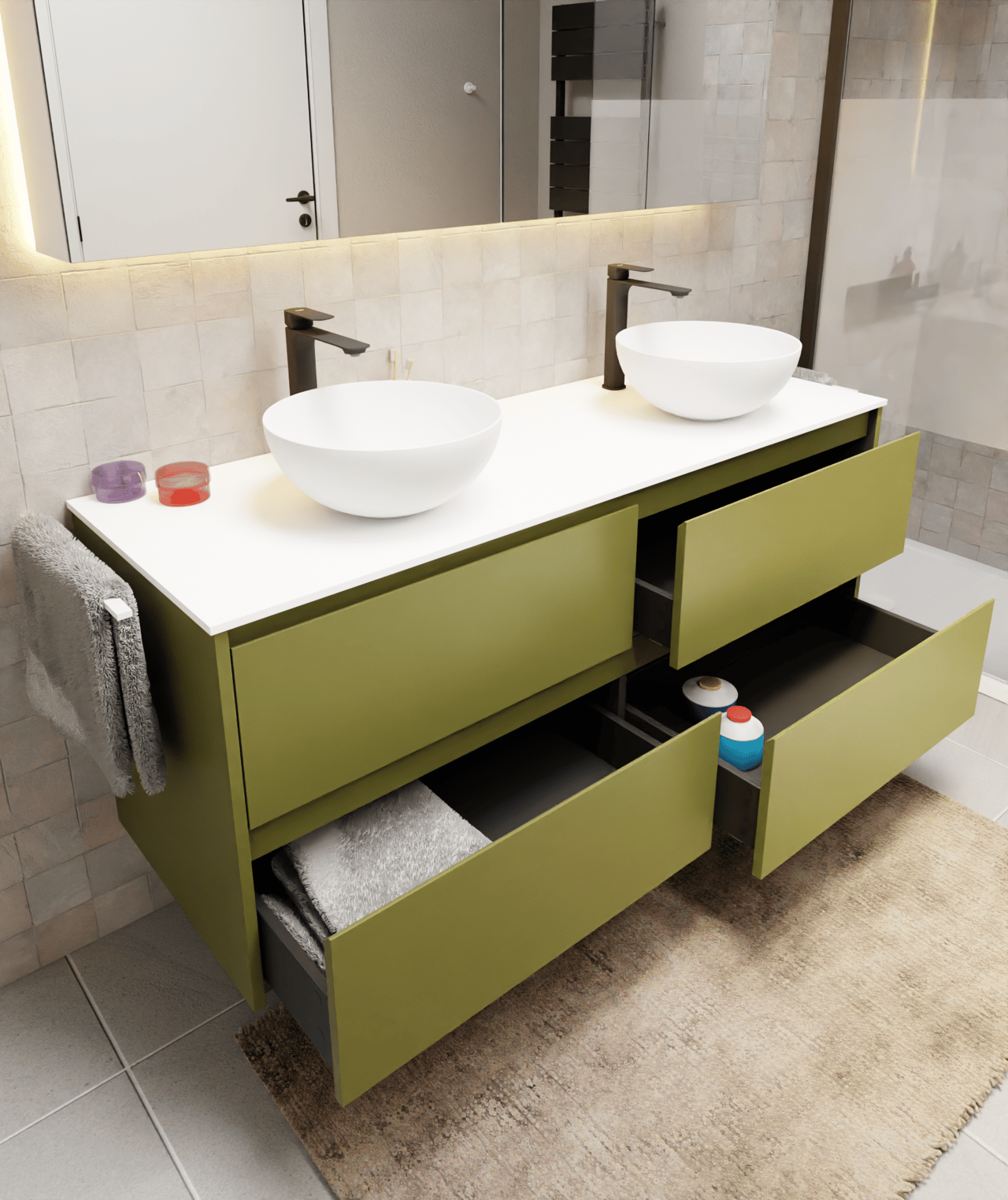 Storke Seda hängender Waschbeckenunterschrank: 150 x 52 cm, Olivgrün, 4 Schubladen