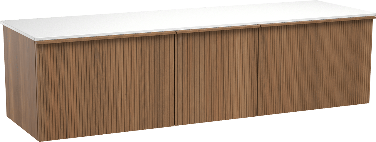 Balmani Forma zwevend badmeubel 180 x 55 cm teakhout met Stretto enkel of dubbel wastafelblad in solid surface mat wit, Verticale symmetrische rechte ribbel