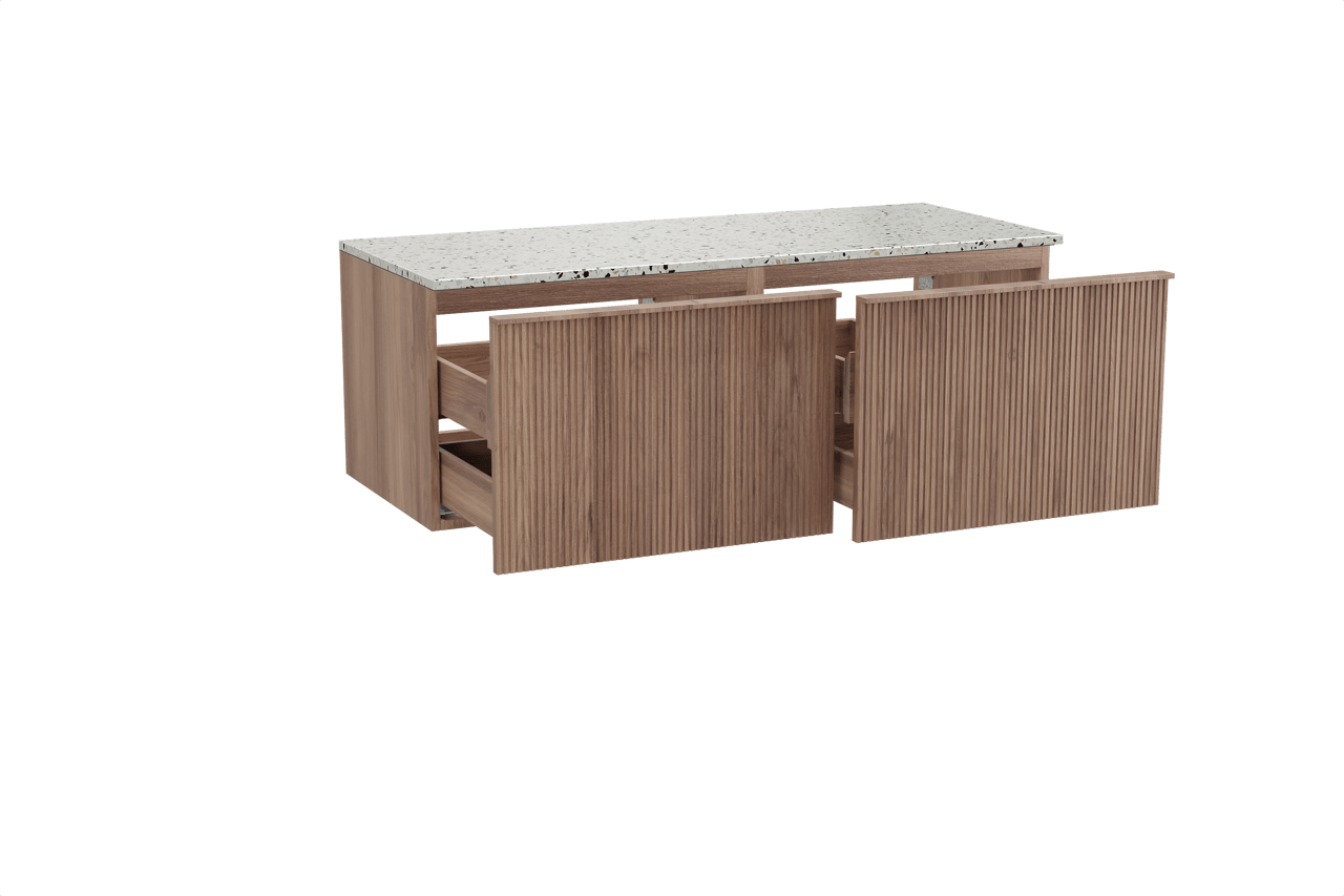 Balmani Forma zwevend badkamermeubel 135 x 55 cm teak met Stretto enkel of dubbel tablet in mat wit/zwart terrazzo, Verticale symmetrische rechte ribbel