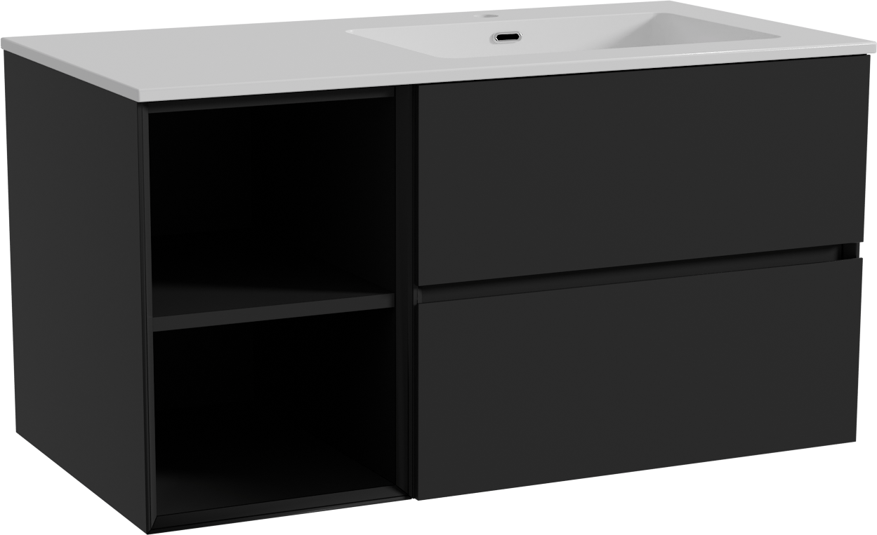 Storke Edge hängendes Möbelstück Set: 100 x 52 cm, Schwarz matt, mit Diva Waschtisch rechts, Marmorkomposit Weiß glänzend