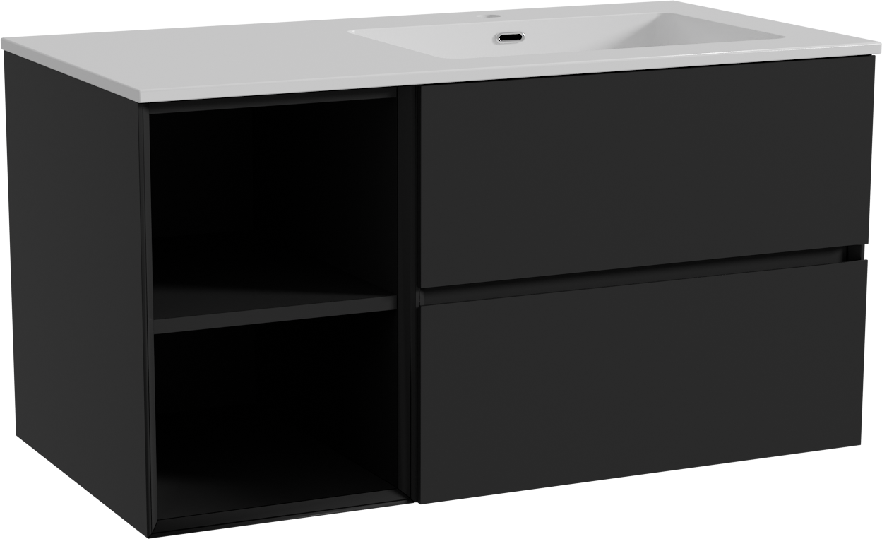 Storke Edge meuble salle de bains suspendu 100 x 52 cm noir mat avec Diva plan vasque asymétrique à droite en marbre composite blanc brillant