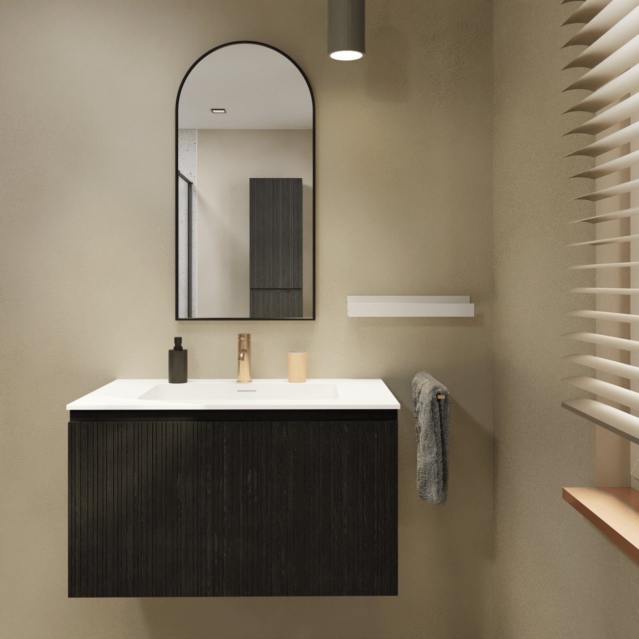 Storke Ribs meuble salle de bains suspendu 85 x 52 cm chêne noir avec Panton tablette simple en mdf enduit de poudre noir mat, Nervure droite asymétrique verticale
