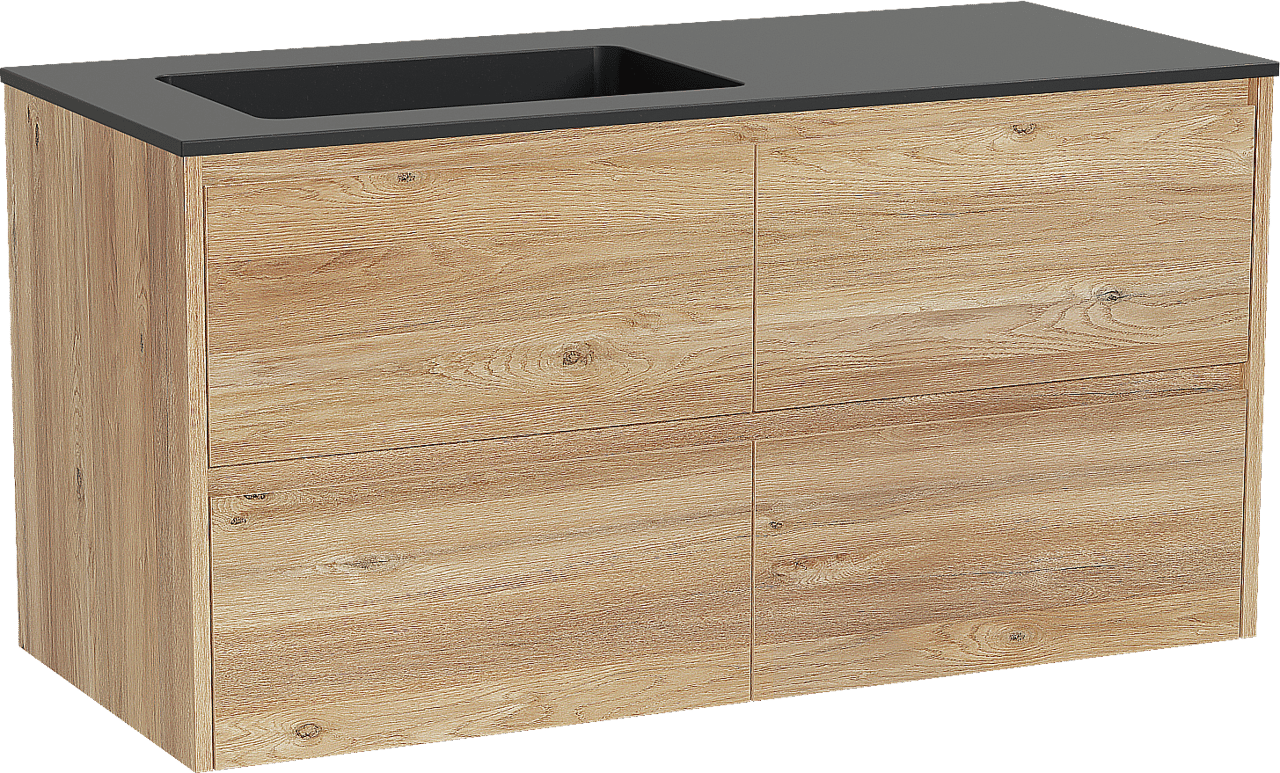 Storke Seda hängendes Möbelstück Set: 120 x 52 cm, Rohe Eiche, mit Scuro Waschtisch links, Quarz Schwarz matt