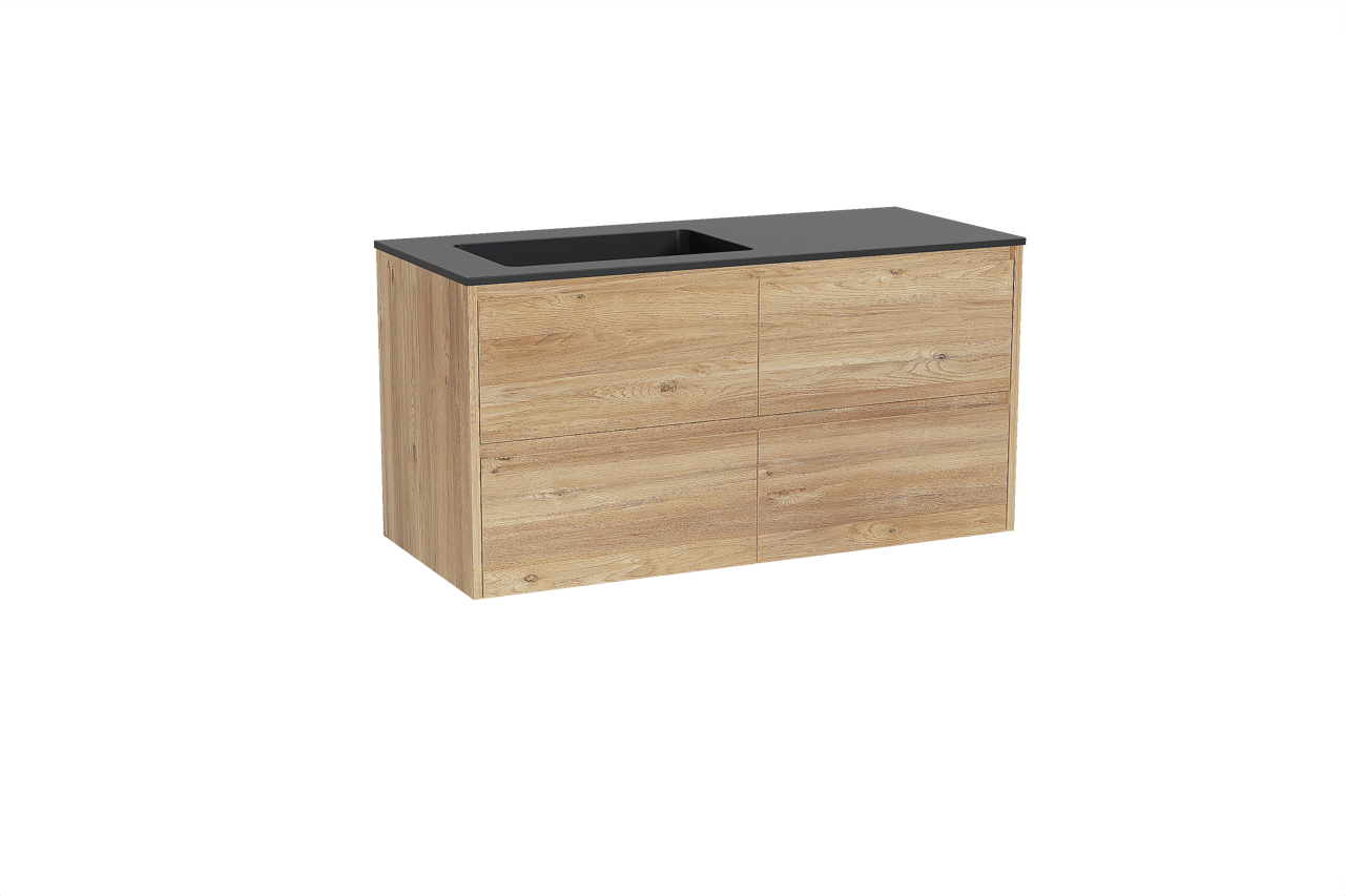 Storke Seda zwevend badkamermeubel 120 x 52 cm ruwe eik met Scuro asymmetrisch linkse wastafel in kwarts mat zwart