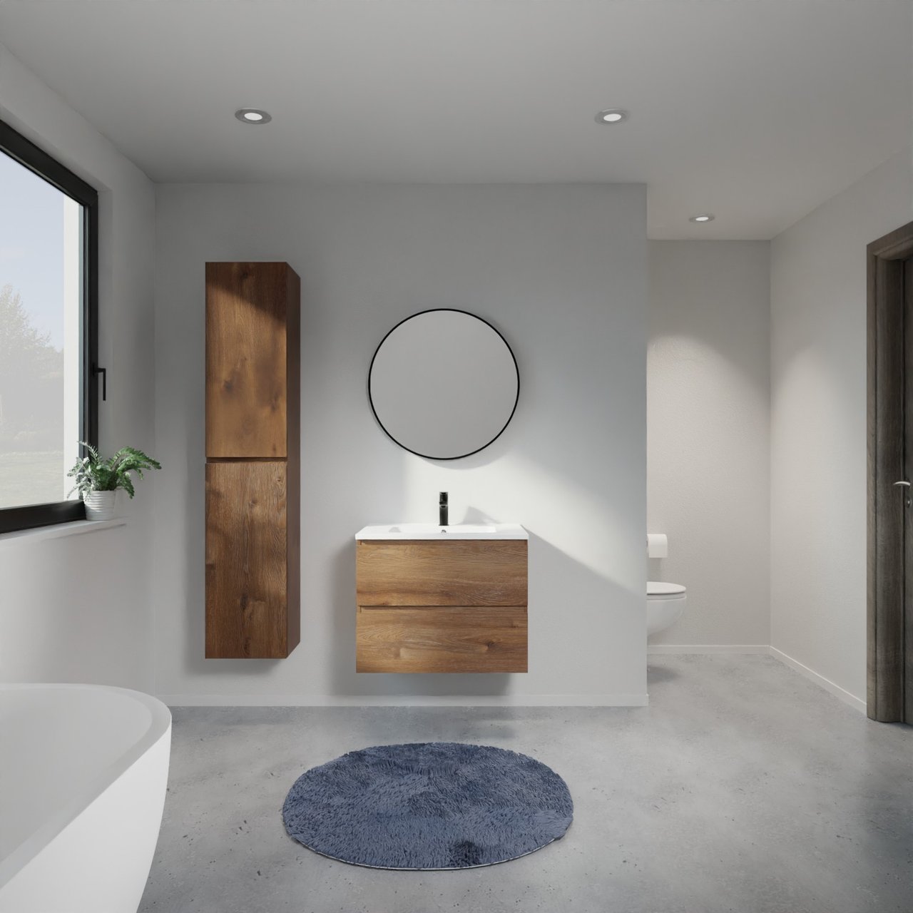 Linie Lado zwevend badkamermeubel 70 x 46 cm bruine eik met Vano enkele wastafel in composietmarmer mat wit