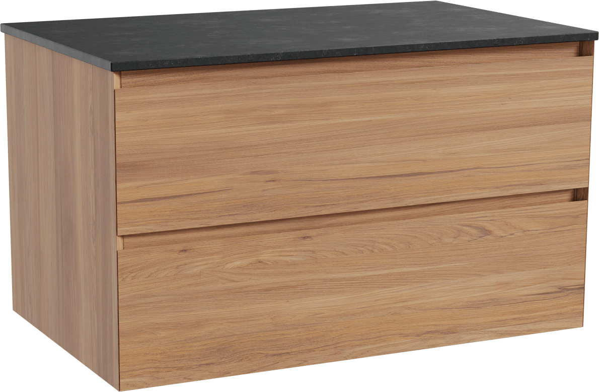 Balmani Mitra meuble salle de bains suspendu 90 x 55 cm teck avec Stretto tablette simple en granit noir