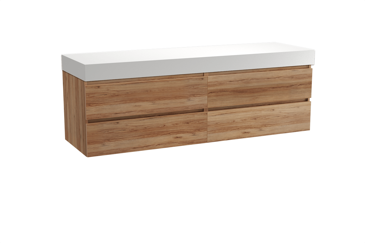 Balmani Lucida zwevend badkamermeubel 180 x 55 cm teak met Dominus enkel of dubbel tablet in solid surface mat wit