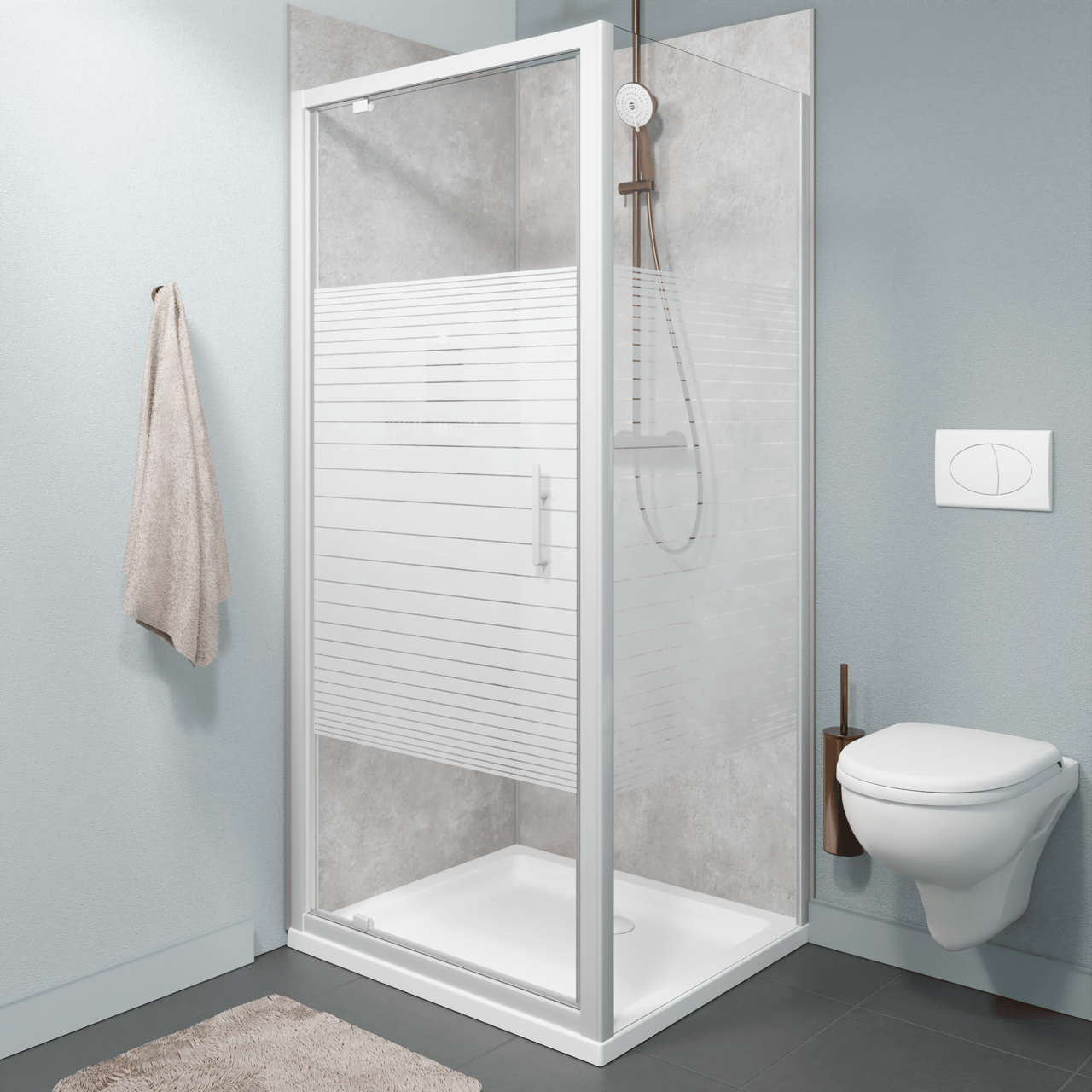 SanyOne Anton paroi de douche avec porte pivotante et paroi latérale fixe, 90 x 80 cm, verre à rayures, profil blanc