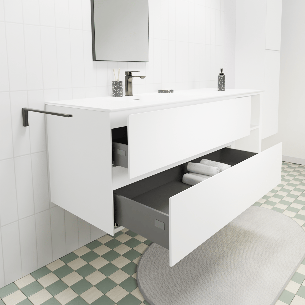 Storke Edge hängendes Möbelstück Set: 150 x 52 cm, Weiß matt, mit Mata Waschtisch links, Solid Surface Weiß matt