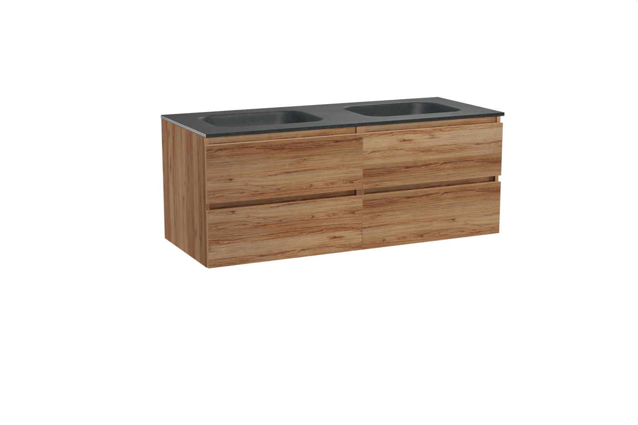 Balmani Lucida hängendes Möbelstück Set: 135 x 55 cm, Teak, mit Tablo Arcato Doppelwaschtisch, Schwarzes Granit