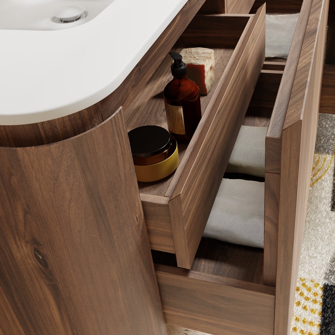 Balmani Moon zwevend badkamermeubel 160 x 55 cm amerikaanse notelaar met Moon dubbele wastafel in solid surface mat wit