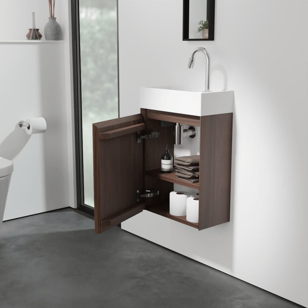 Balmani Mitra zwevend toiletmeubel 42 x 21 cm amerikaans notenhout met Dama wastafel in matte Solid Surface