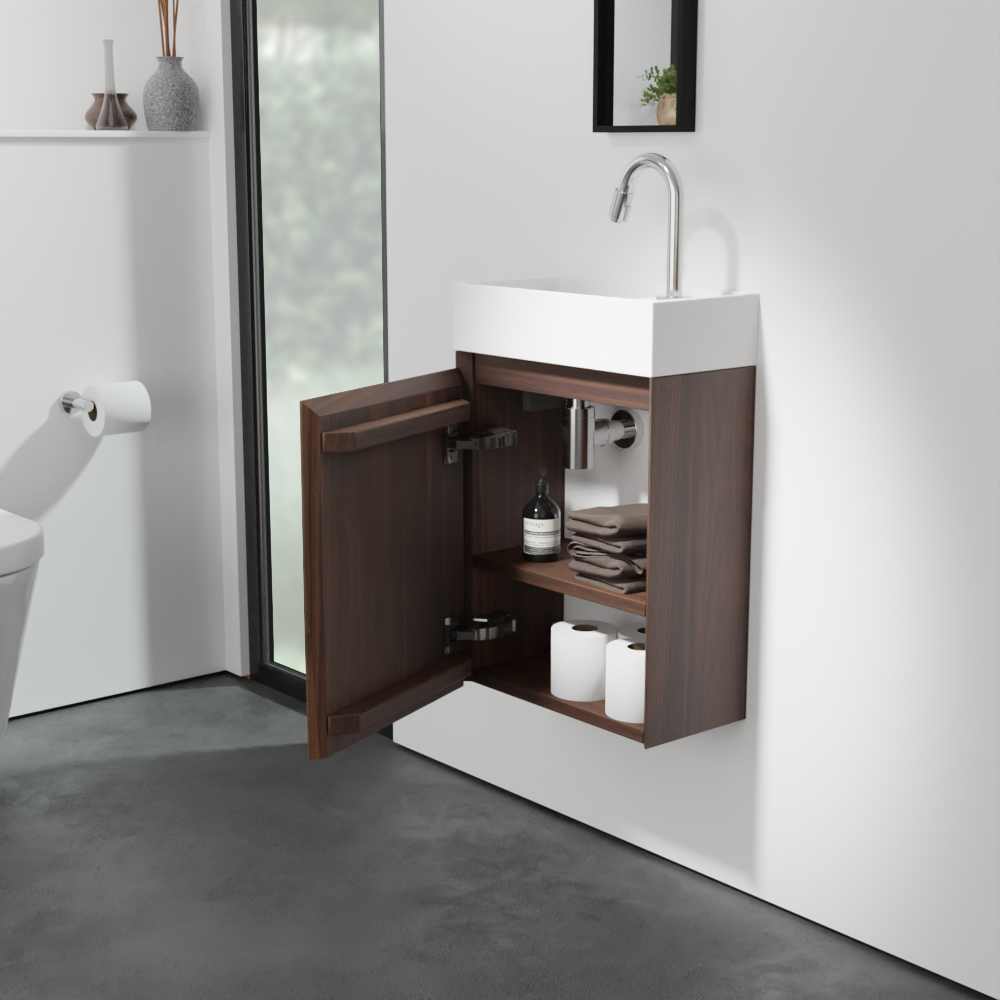 Balmani Mitra hängendes WC-Möbel-Set, 42 x 21 cm, amerikanischer Nussbaum, mit Dama Waschtisch in mattem Solid Surface