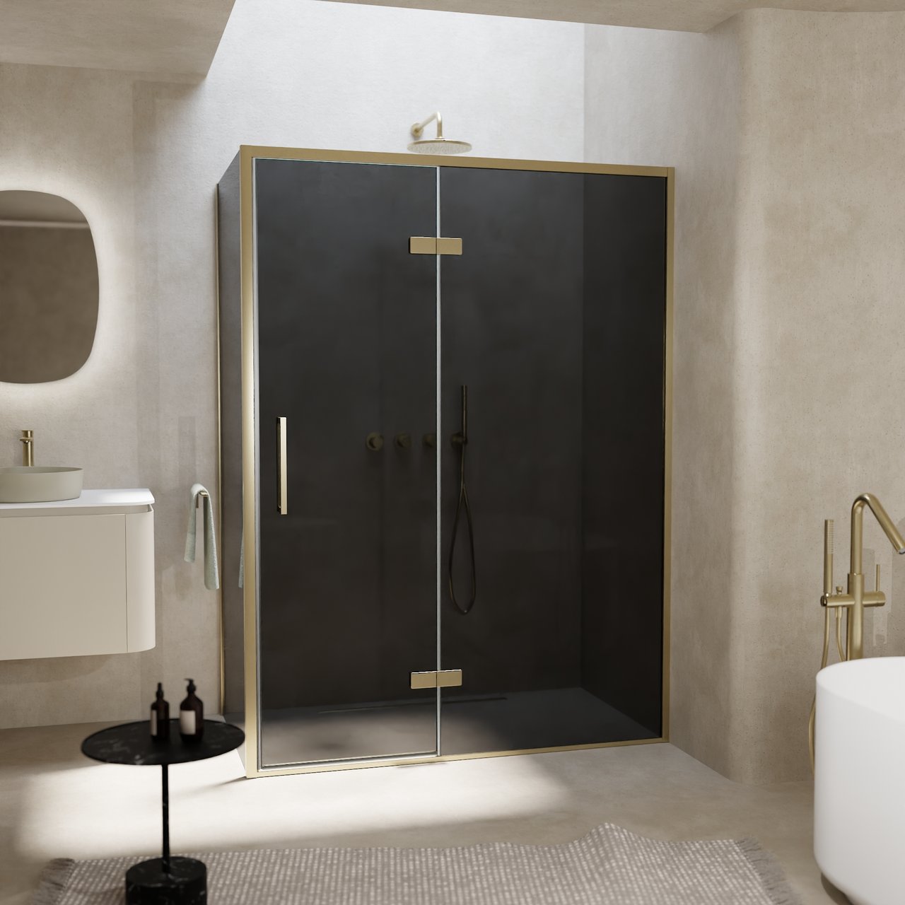 Balmani Senses Design Eckdusche: Drehtür (Rechts) mit fixierte Seitenwand, 140 x 100 cm, Rauchglas, Profil Brushed Champagner Gold, inklusive Coating