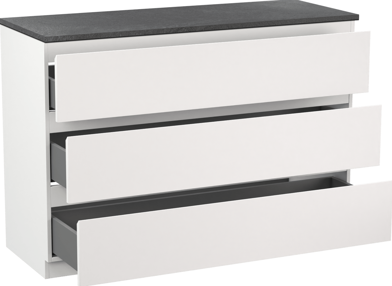 Linie Lado freistehendes Möbelstück Set: 120 x 46 cm, Weiß matt, mit Lado Einzel- oder Doppel Waschtischplatte, Melamin Schiefergrau