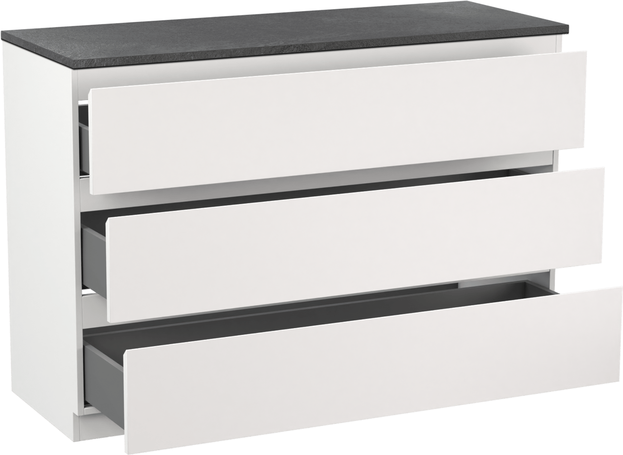 Linie Lado freistehendes Möbelstück Set: 120 x 46 cm, Weiß matt, mit Lado Einzel- oder Doppel Waschtischplatte, Melamin Schiefergrau